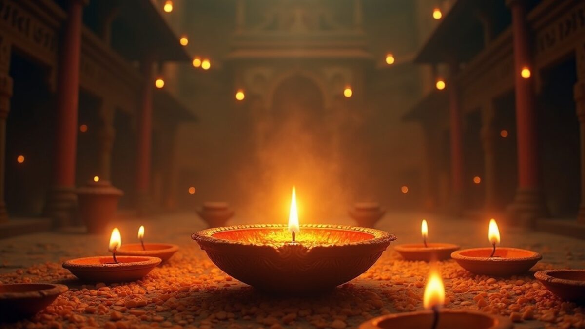 A glowing Diya placed in a dimly lit temple with soft smoke rising, symbolizing secret Diwali 2025 rituals