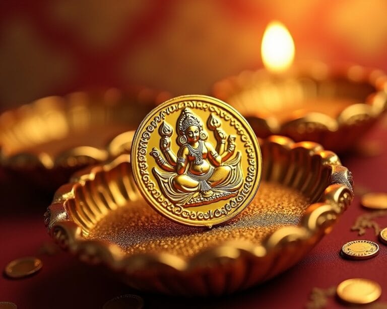 Golden Diya with a detailed Lakshmiji coin inside, symbolizing prosperity during Diwali celebrations