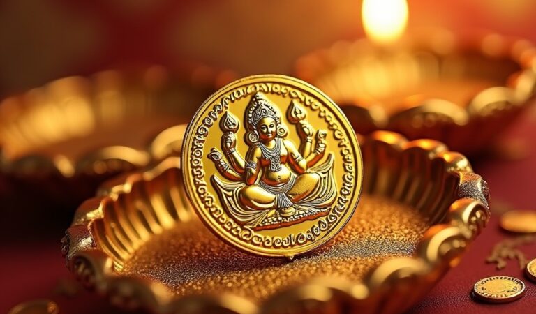 Lakshmiji Coin in Golden Diya for Diwali Golden Diya with a detailed Lakshmiji coin inside, symbolizing prosperity during Diwali celebrations